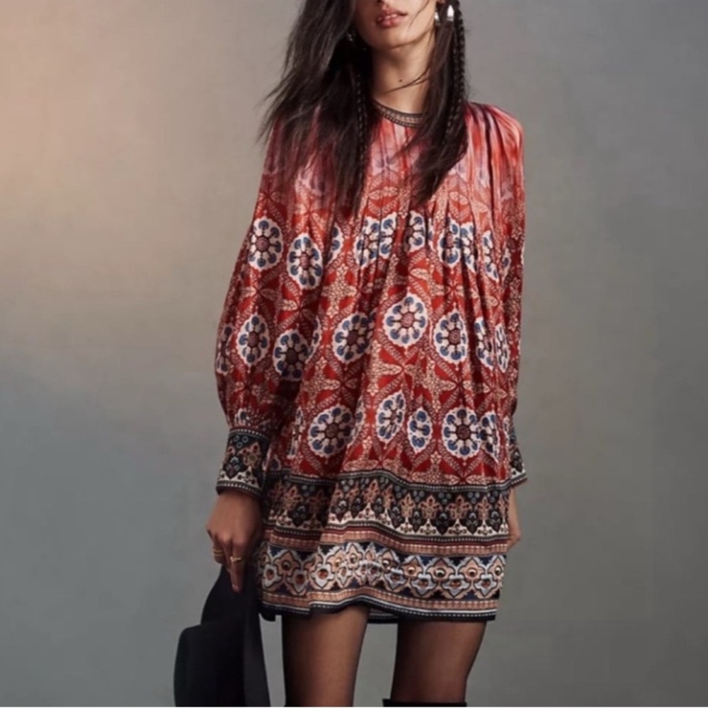 Anthropologie Tanvi Kedia Beaded Boho Tunic Mini Dress Long Sleeves Lined  Large